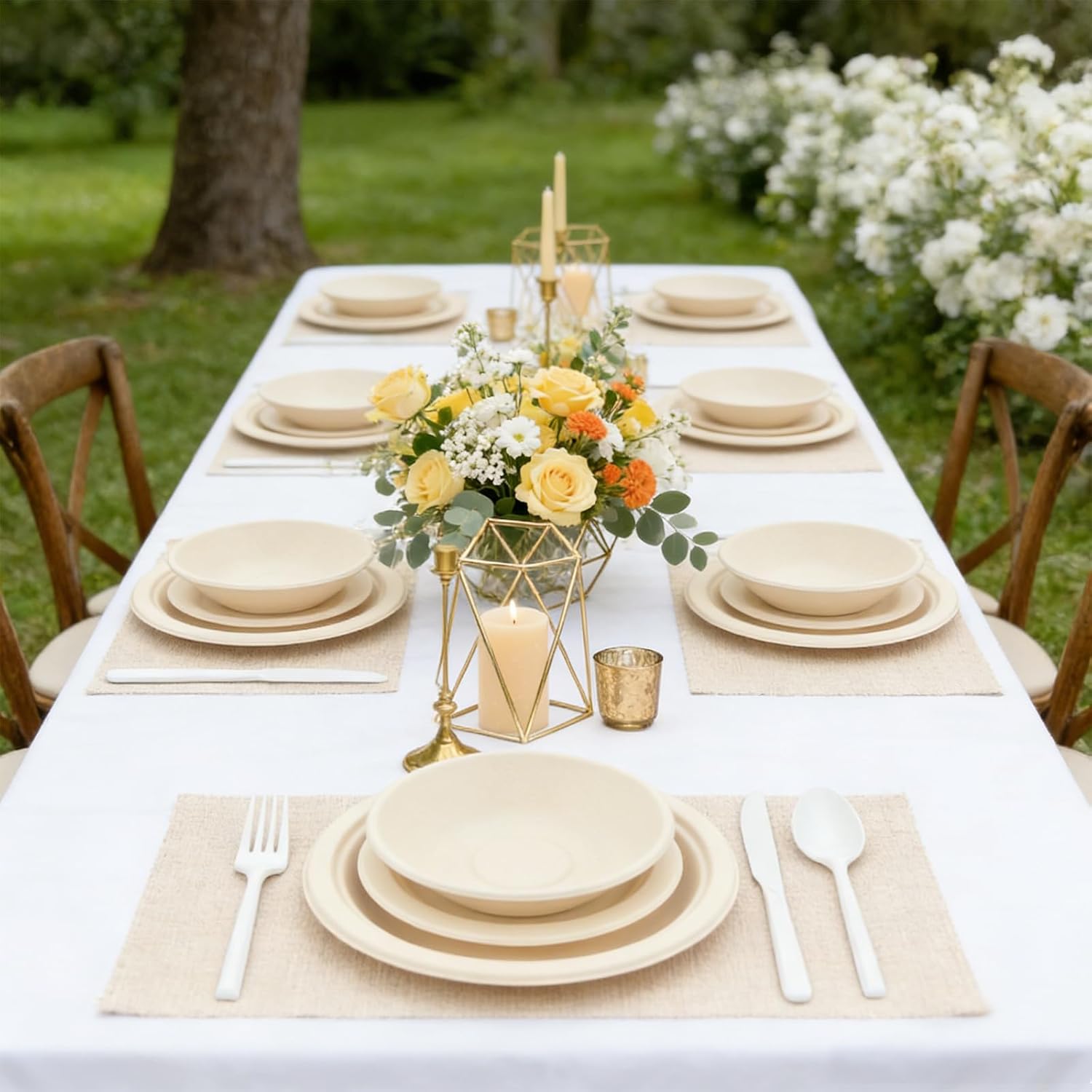 300Pcs Disposable Paper Plates and bowls Set, Compostable Sugarcane Utensils Eco Friendly Dinnerware Set Include Biodegradable Plates bowls, Forks, Knives and Spoons for Party Camping 50 People