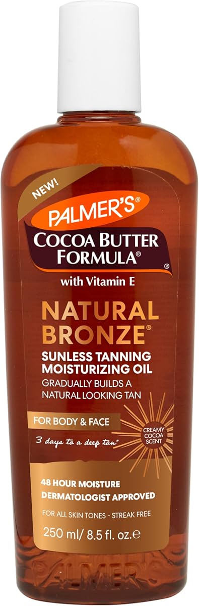 Fórmula de manteca de cacao Palmer's, bronceado natural sin sol, aceite corporal hidratante (8,5 onzas líquidas), bronceador gradual facial y corporal, edificable, bronceado de aspecto natural en 3 días, sin rayas, humedad de 48 horas