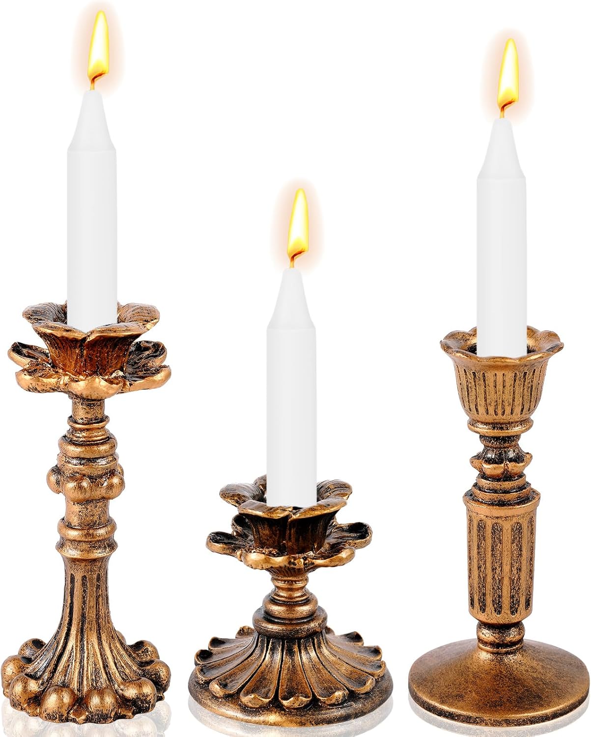 Suclain 3 Pcs Vintage Candlestick Holders Taper Resin Candle Holder Retro Antique Candle Holder Floral Decorative Candlesticks for Wedding Anniversary Table Centerpieces Fireplace Home Decor (Bronze)