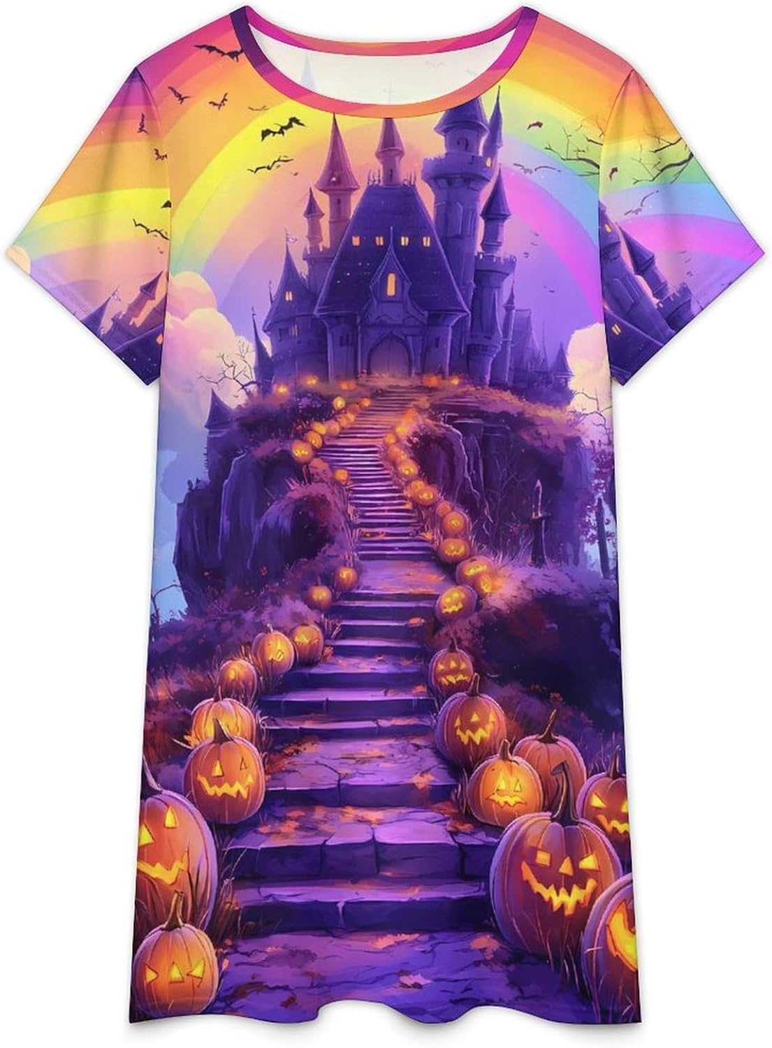 Halloween Pumpkins Haunted House Rainbows Womens Nightgown Short Sleeve Sleepshirts Loungewear
