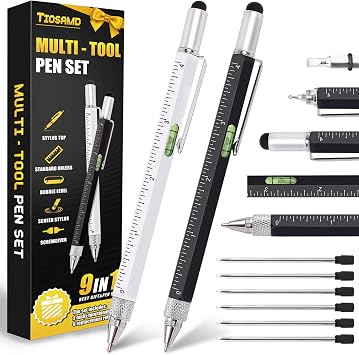 Stocking Stuffers for Men, 9 in 1 Metal Multitool Pen 2Pcs and Refill 6Pcs, Unique Tech Tool Pen from Wife Daughter to Father Boyfriend Husband on Christmas, Birthday, Valentines Day