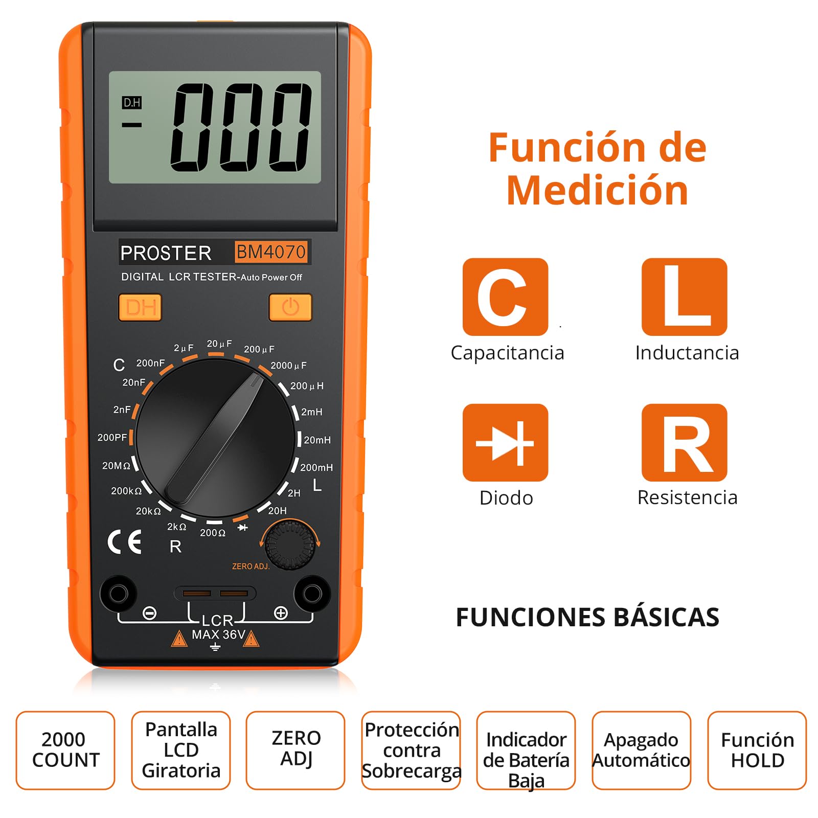 Proster LCR Medidor De Capacitancia Inductancia Resistencia Continuidad Diodos Tester Digital Multimetro Autodescarga con Gran Pantalla LCD Giratorio Cables Prueba Pinzas Cocodrillo y Destornillador