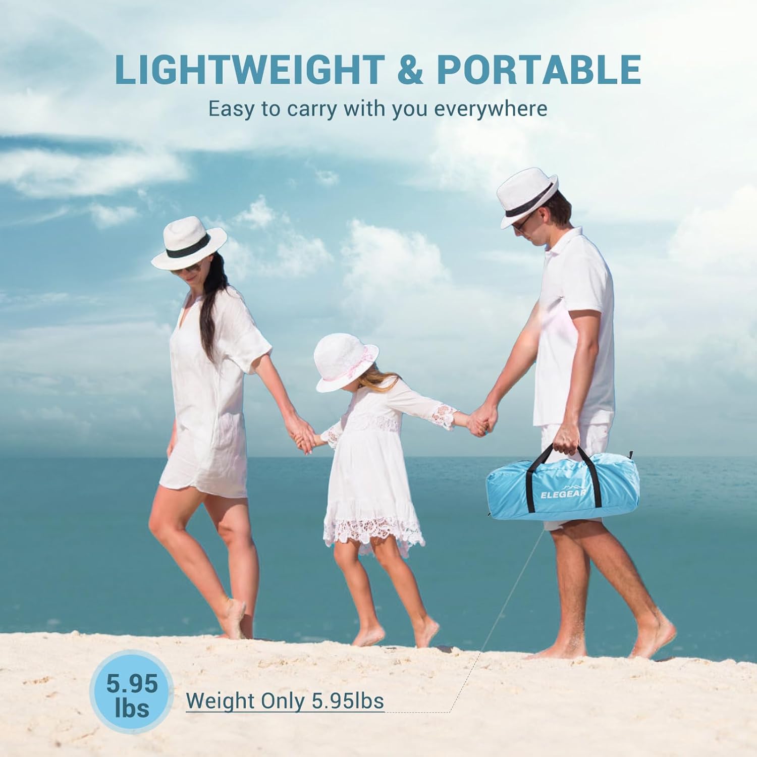 Elegear Beach Tent Sun Shelter with Canopy, 4-5 Person Pop Up Beach Tent, Easy Setup UPF 50+ UV Protection Portable Lightweight Double Silver Coating Beach Cabana Sun Shade Shelter - Sky Blue - Image 7