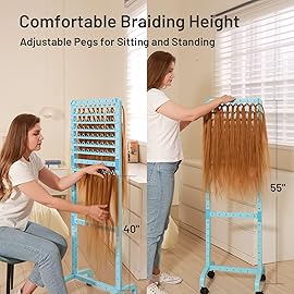Yumkfoi Adjustable Braiding Hair Rack 160 Pegs, Double-Sided Standing Hair Stand for Braiding, Adjustable Height Braid Rack with Wheels for Stylists