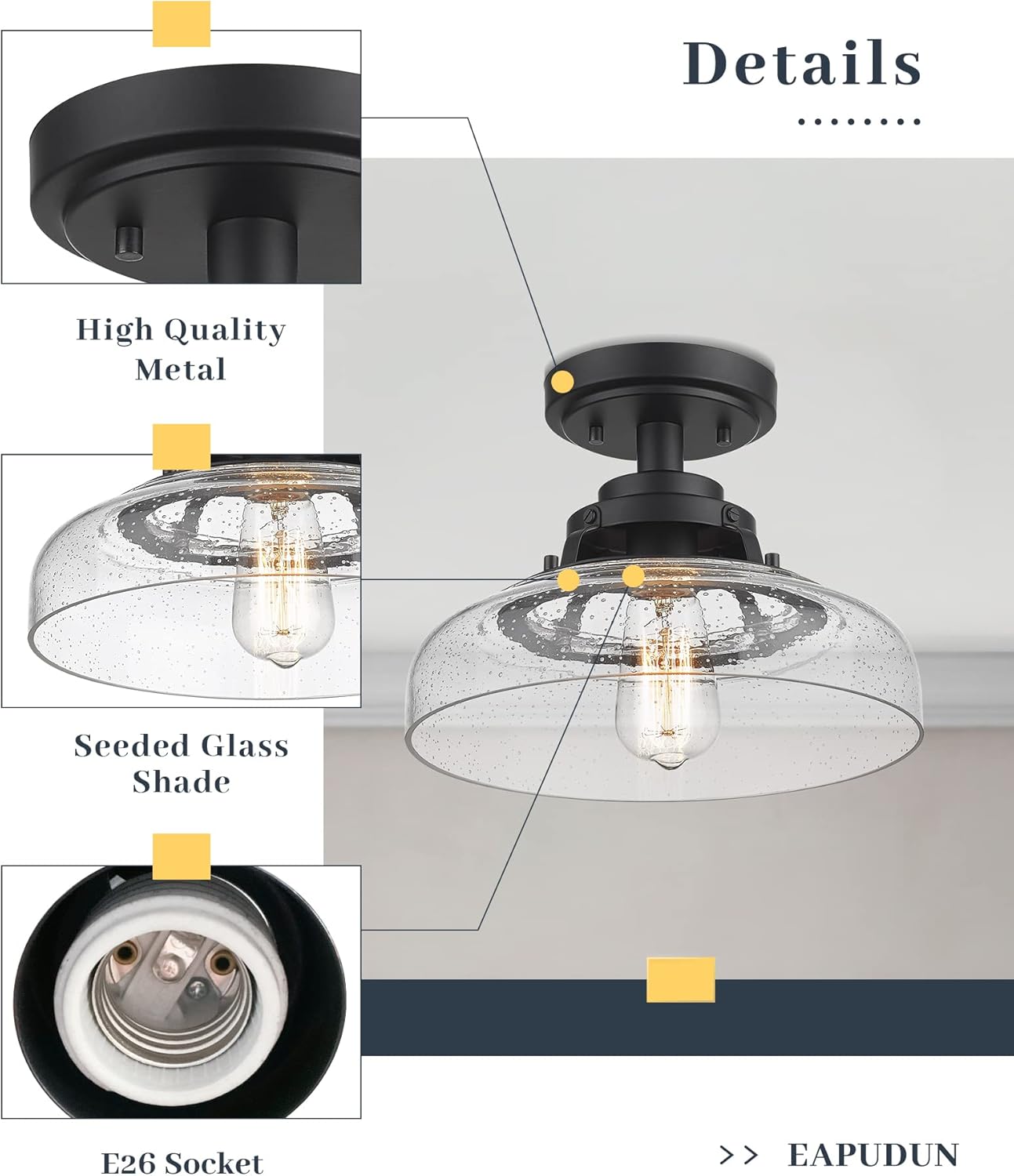 EAPUDUN Farmhouse Semi Flush Mount Ceiling Light, Black Industrial Ceiling Lighting,1-Light,Seeded Glass Shade, Ideal for Kitchen, Corridor, Bedroom, Foyer, Hallway, and Entryway,SMA1307-MBK