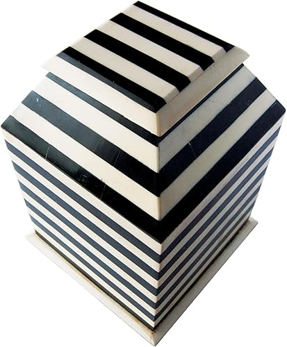 Miniatura 10 de Creative Co-Op Caja de madera recuperada y resina con rayas, negro y crema