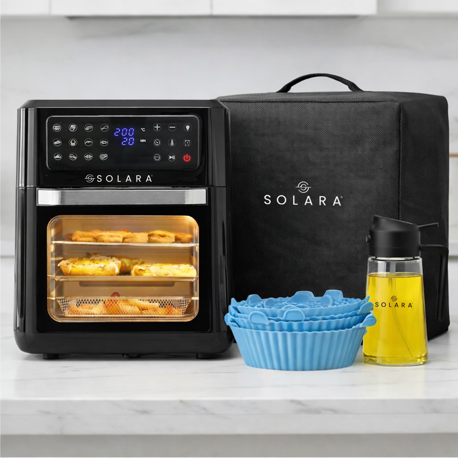 SOLARA 12L Air Fryer Oven Signature Combo with 9 Accessories, 500ml 2-in-1 Glass Oil Sprayer & 6 Reusable Silicone Basket Liners with Cover Bag, 12 Preset Menus, BPA-Free, Air Fryer Accessories-image-9
