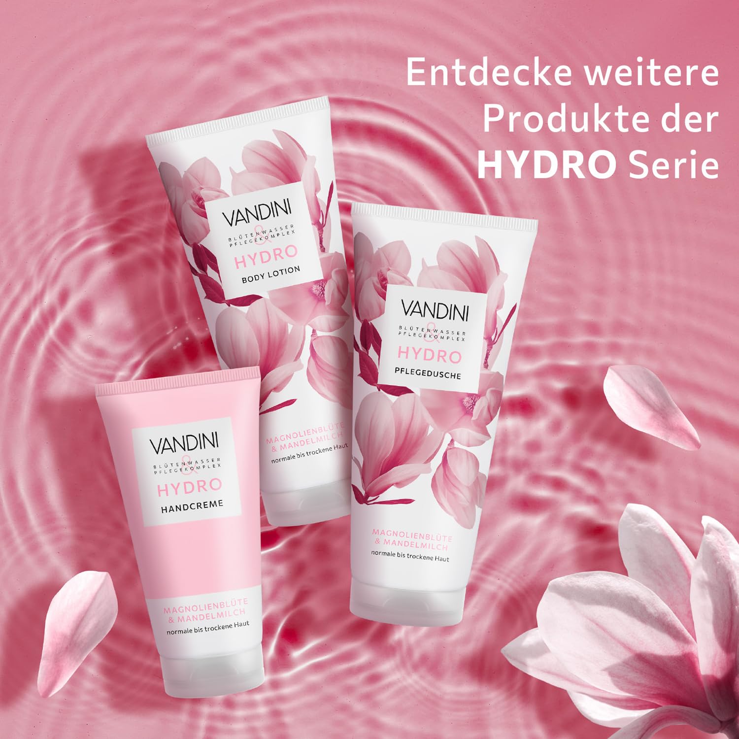 VANDINI 6 x HYDRO balsam do ciała damski, 200 ml, z kwiatem magnolii i mlekiem migdałowym – pielęgnujący balsam do ciała do skóry normalnej i suchej – wegański, bez parabenów i silikonów, Made in