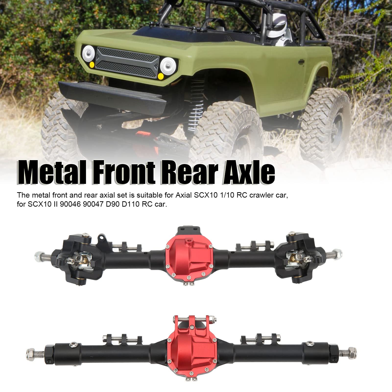 Metalowy zestaw osi przedniej i tylnej RC duży zintegrowany układ kierowniczy oś samochodu RC dla Axial SCX10 II 90046 90047 D90 D1101/10 zdalnie sterowany samochód gąsienicowy (Czarny Czerwony)