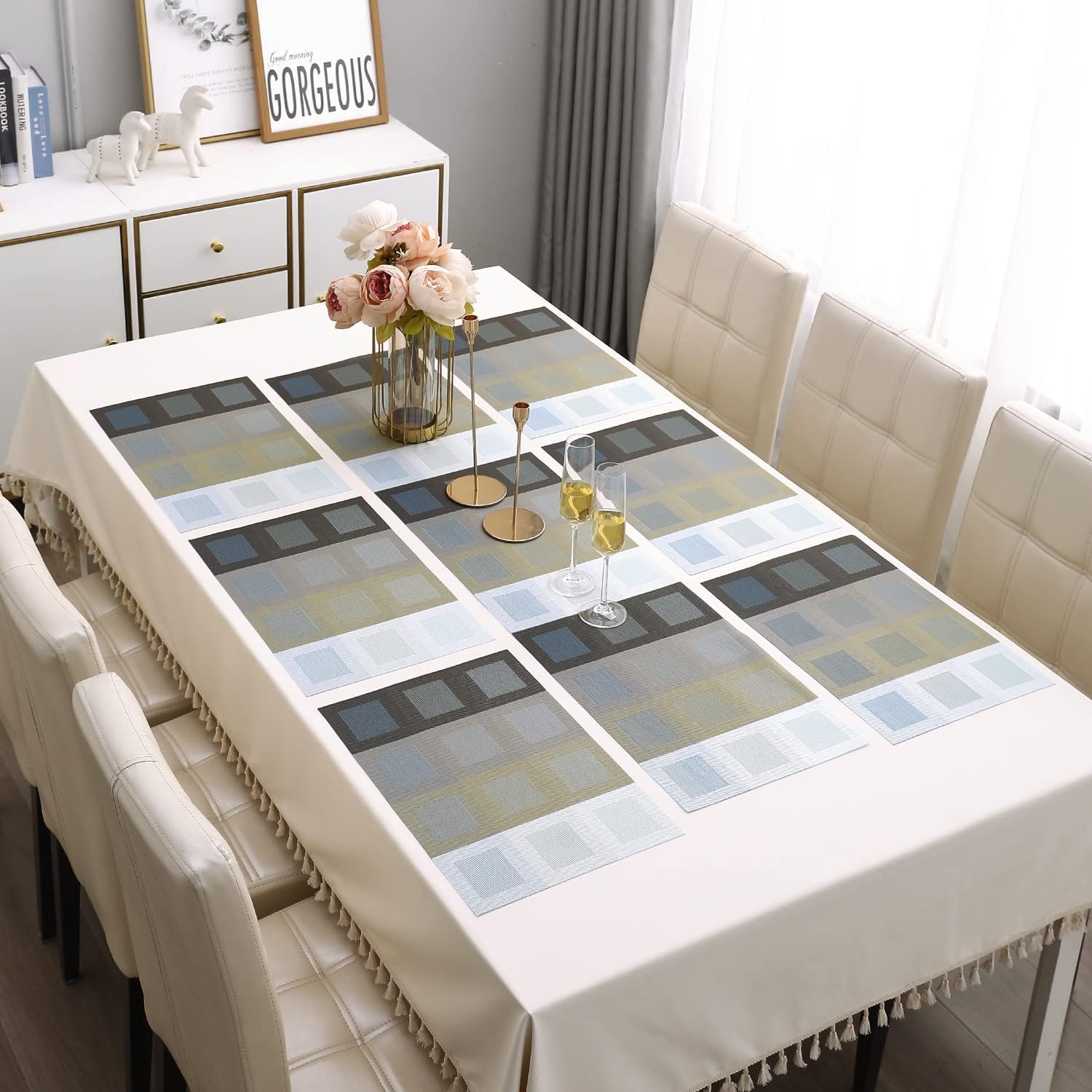 HOKIPO® PVC Placemats with Table Runners for Dining Table, Blue (6 Pieces Placemats + 1 Table Runner) (AR2783)