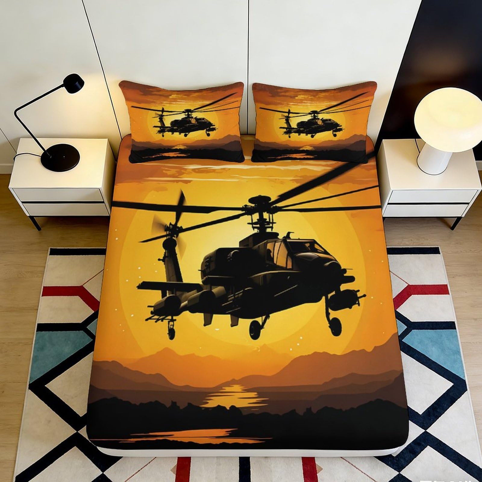 3D Printed Helicopter Sunset Fitted Sheet Microfiber Soft Anti-Slip Mountain Bed Cover for Bedroom Guest Room Decor 90x200x25cm