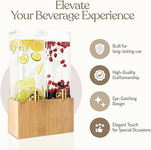 Miniatura 5 de Dispensador de bebidas de acrílico doble de 1.25 galones con soporte de bambú, dispensador de bebidas heladas con espita de acero inoxidable y