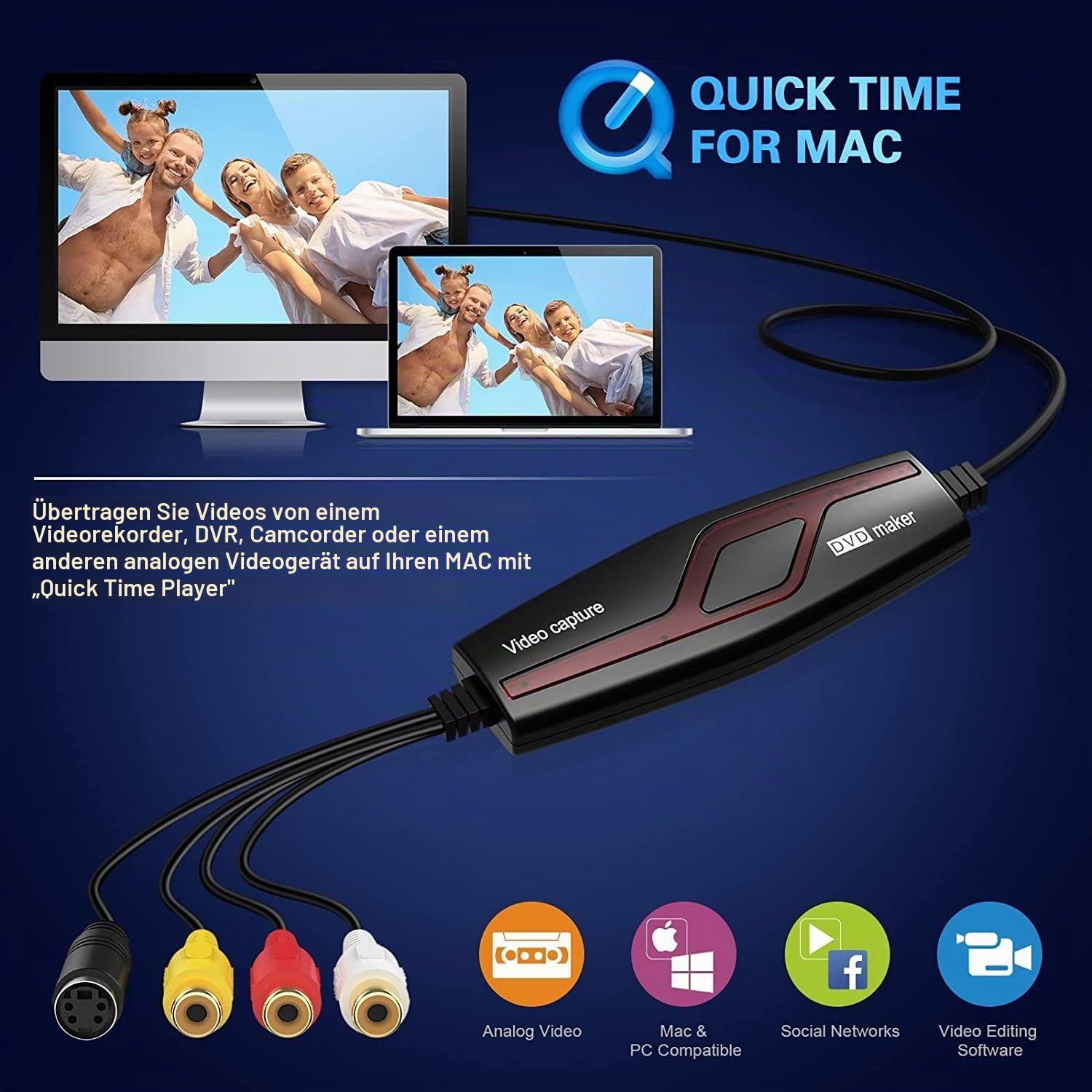 DIGITNOW! Video Grabber Überträgt Hi8 VHS auf Digital DVD für Windows 10 / Mac, Video Capture Karte mit Scart / AV Adapter,One-Touch-Videorecorder-Bearbeiten, Speichern und auf DVD Brennen