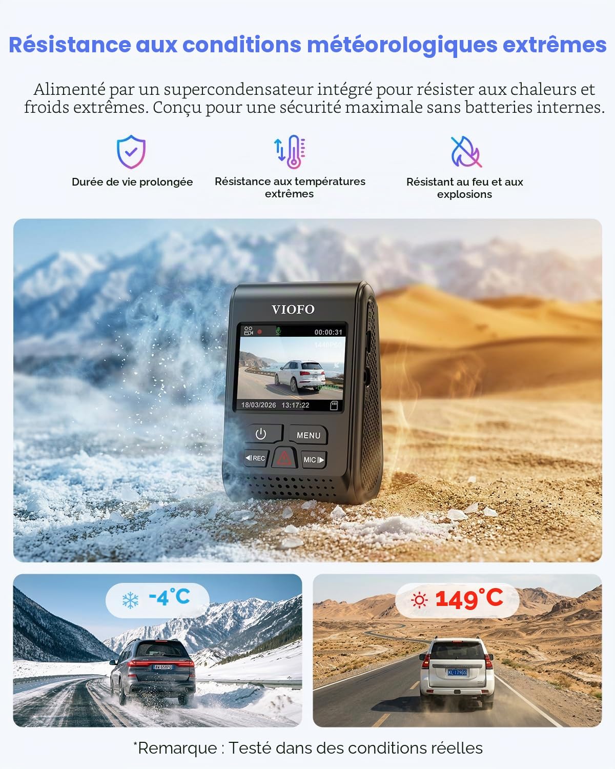 VIOFO A119 V3 Dashcam Avant avec GPS, Caméra de Voiture 2560x1600P Quad HD+ 140 Degrés, G-Sensor, Mode de Stationnement Tamponné, Détection de Mouvement, Enregistrement d'urgence, CPL Optionnel…
