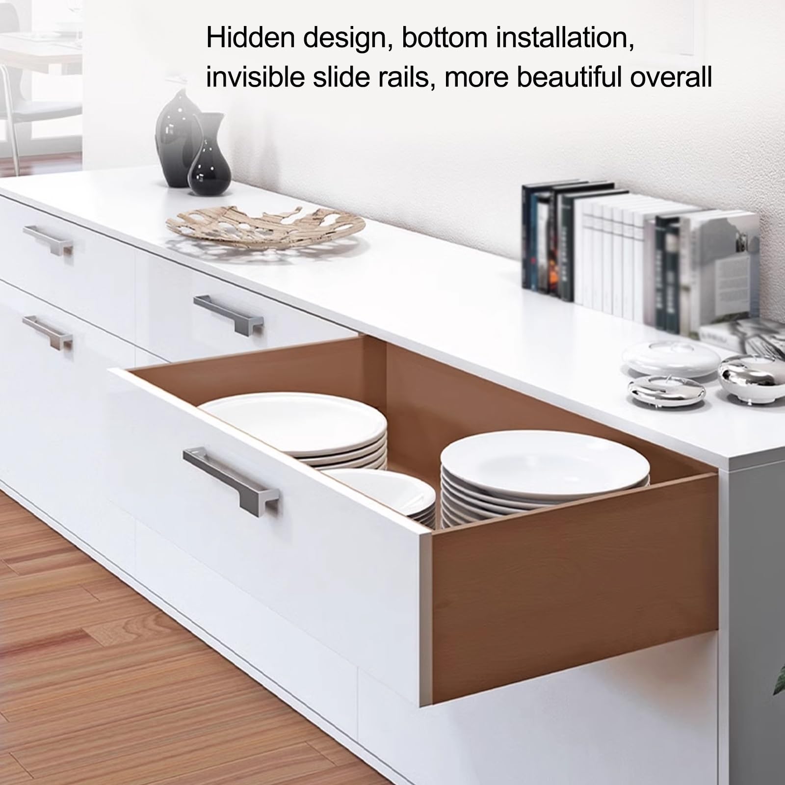 2 PCS Guías De Cajón, Rieles para Cajones, con Cierre Suave, 3 Pliegues Guias Telescopicas para Cajones, Extensión Completa Muebles Riel Guía, Instalación Inferior(45cm/18in)