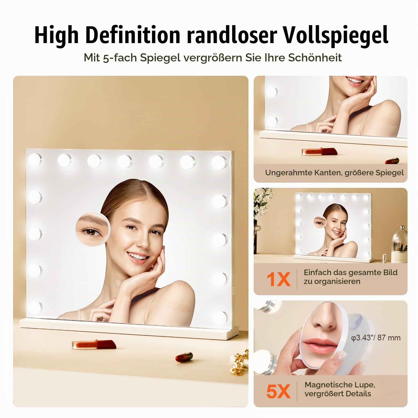 VEVOR Hollywood Schminkspiegel mit Beleuchtung, 15 dimmbare Glühbirnen & 3 Farbbeleuchtungsmodi, Kosmetikspiegel mit Abnehmbarer 5-facher Vergrößerung, USB-Anschluss, Smart-Touch-Steuerung, 580x458mm