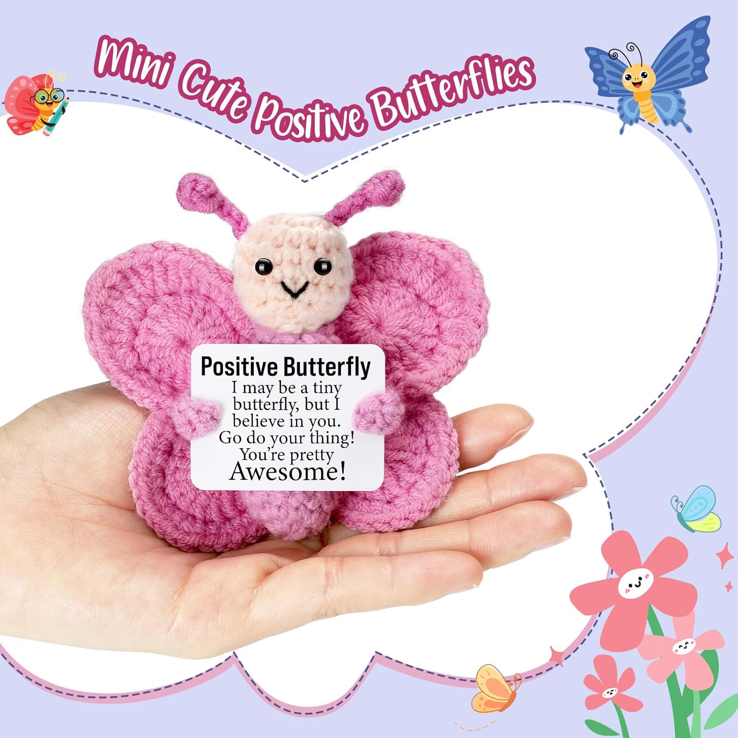 Positive Crochet Butterfly Gift for Women, Mini Handmade Emotional Support Plush for Friends, Coworkers, Boss, Teachers on Birthday Christmas Valentines, Mother's Day, Easter