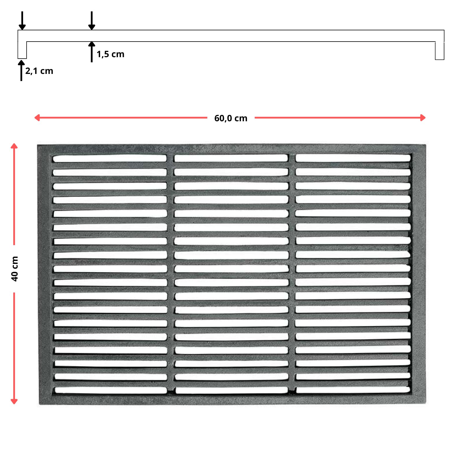 Lunaway - Griglia in ghisa per raccolta cenere e barbecue | Dimensioni 60 x 40 cm, Spessore 2,1 cm | Ottimizza tiraggio camino | Resistente alte temperature | Facile pulizia