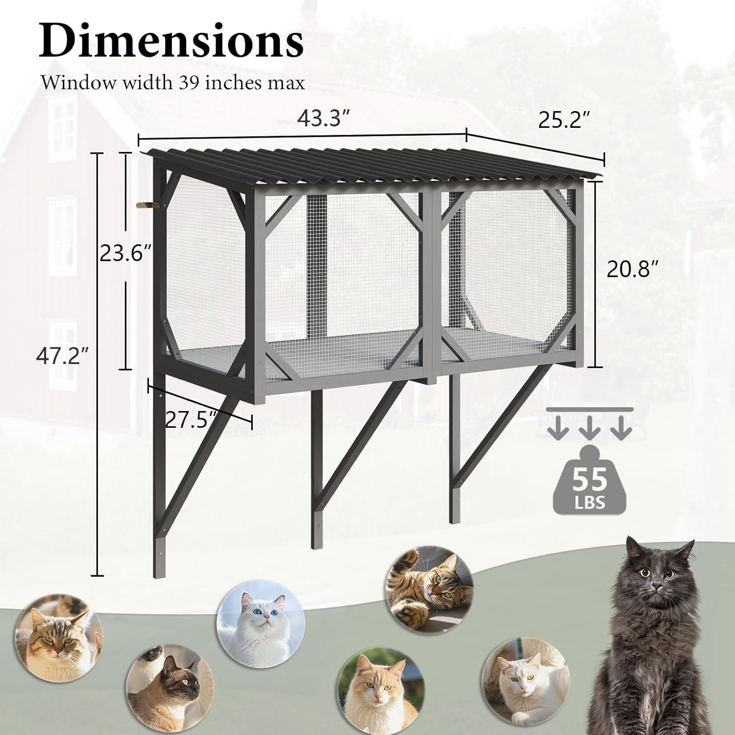 Waleaf Cat Window Box, 43.3" Catio Outdoor Cat Enclosure for Sunbathing, Napping & Overlooking, Sturdy Window Perch for Large Indoor Cats - All Weather Use, Nature Friendly Design