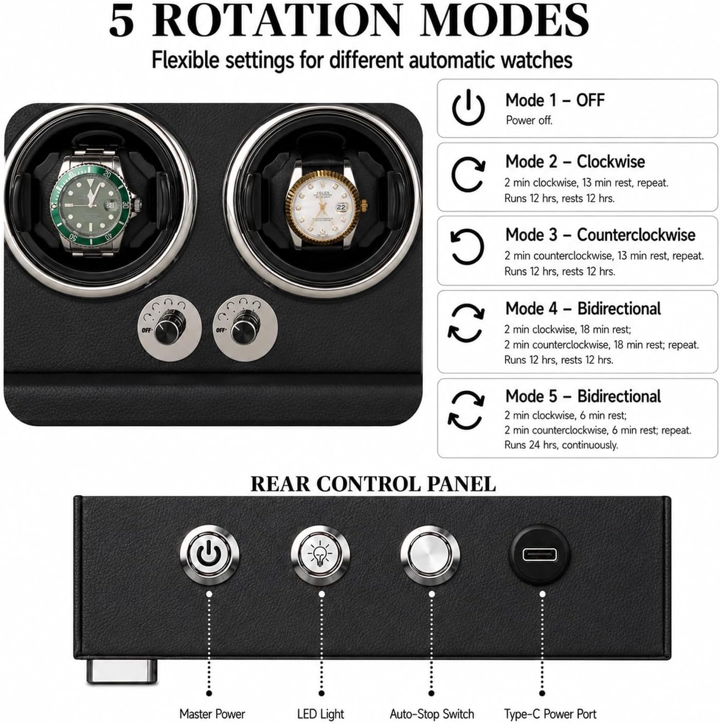 Watch Winder for Automatic Watches, Quiet Japanese Motor, 5 Modes, Leather