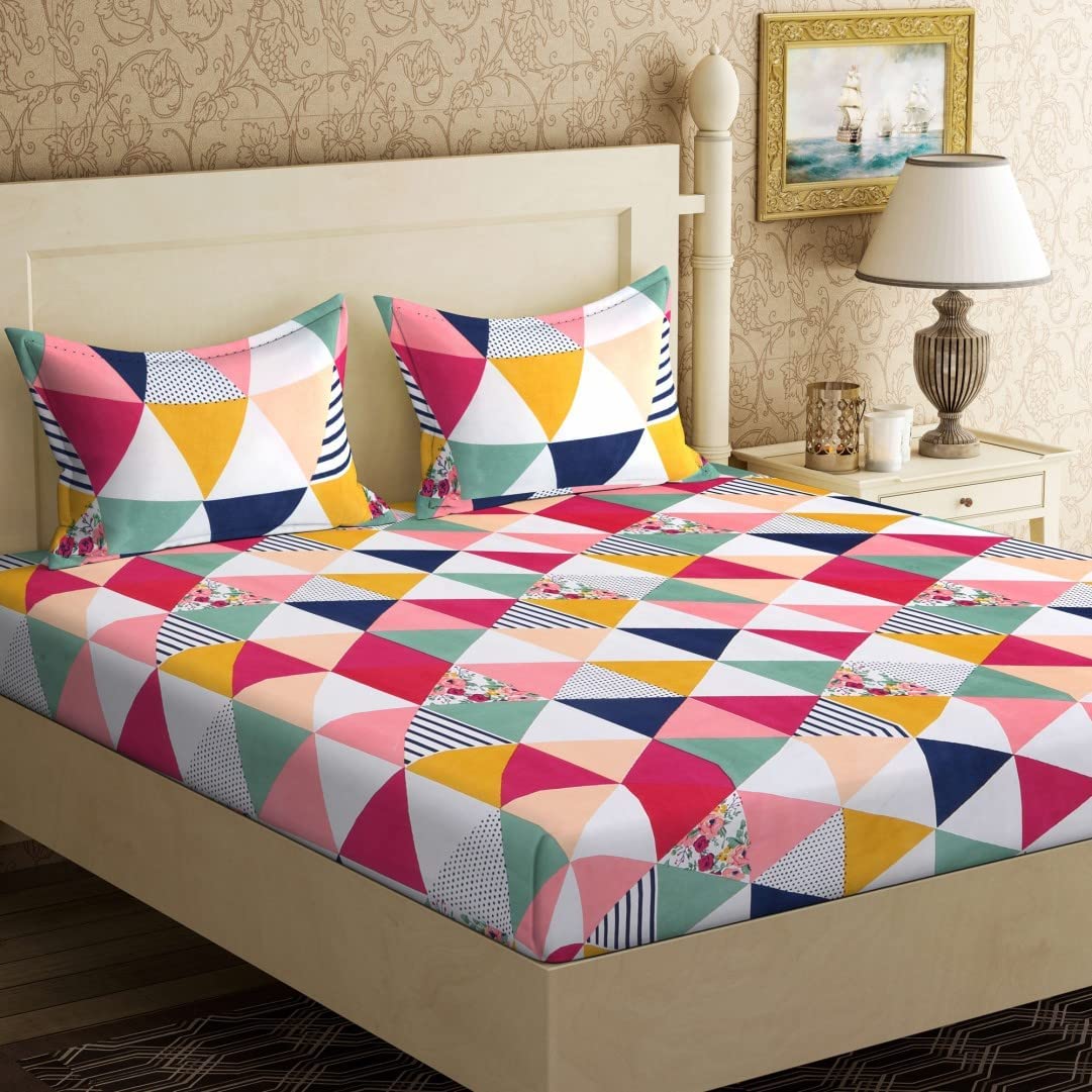 SHIVI CREATION Prime Collection Supersoft Glace Cotton 160TC Printed Double Bedsheet with 2 Pillow Covers (Multicolour) Size 90 x 90 Inch - Coloured Triangles - Gold BS