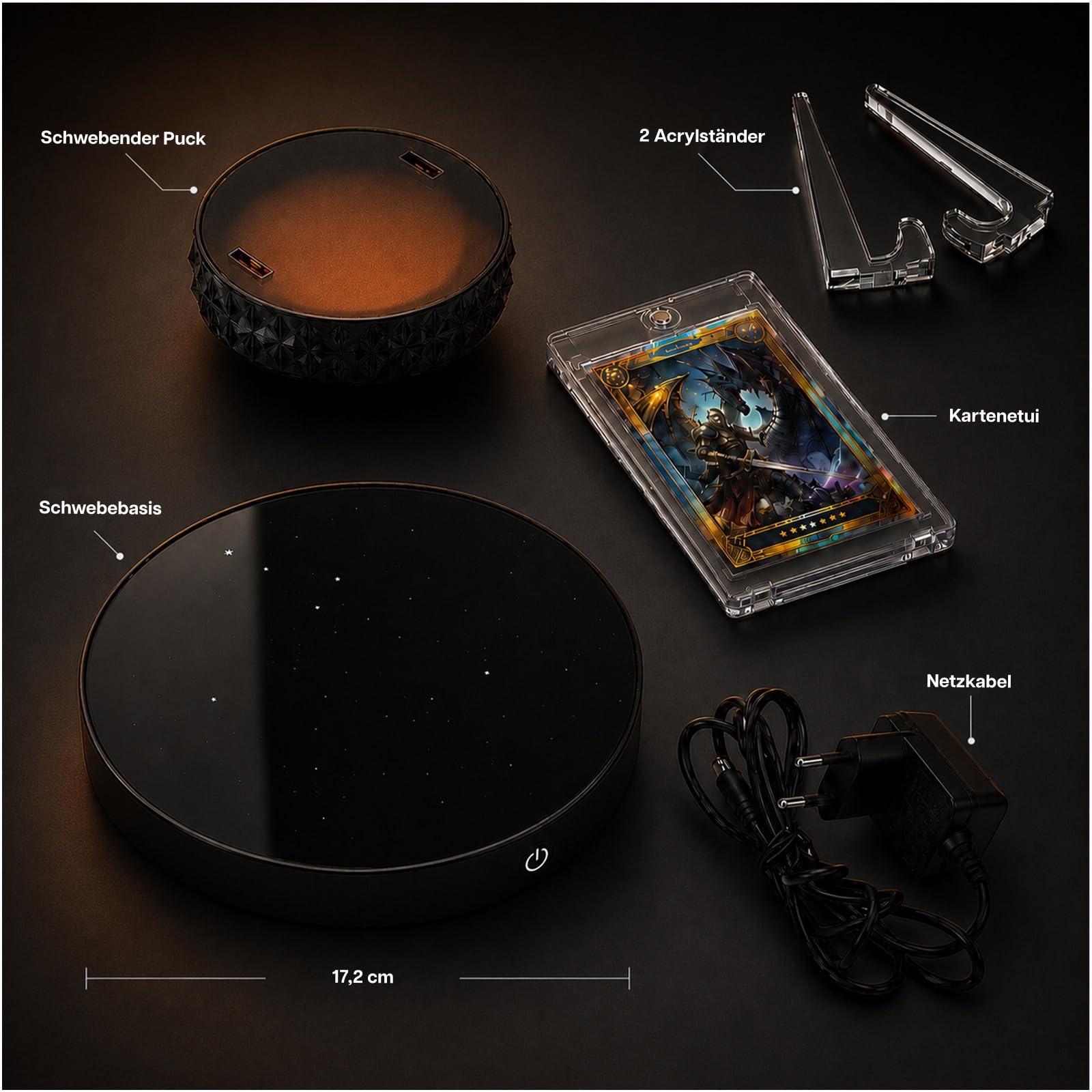 MMOBIEL Magnetisches Schwebendes Display für Karten 360° Drehbarer Display Ständer mit Magnetischem Kartenhalter, LED Basis & Adapter – Für Sammelkarten, Tradingkarten und Limitierte Karten