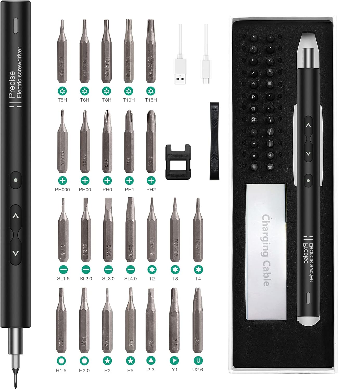 ORIA Electric Screwdriver, Newest Precision Screwdriver Set, 28 in 1 Cordless Electric Screwdriver with 24 Bits, Type-C Charging, LED Lights for Smartphones, Computer, Black