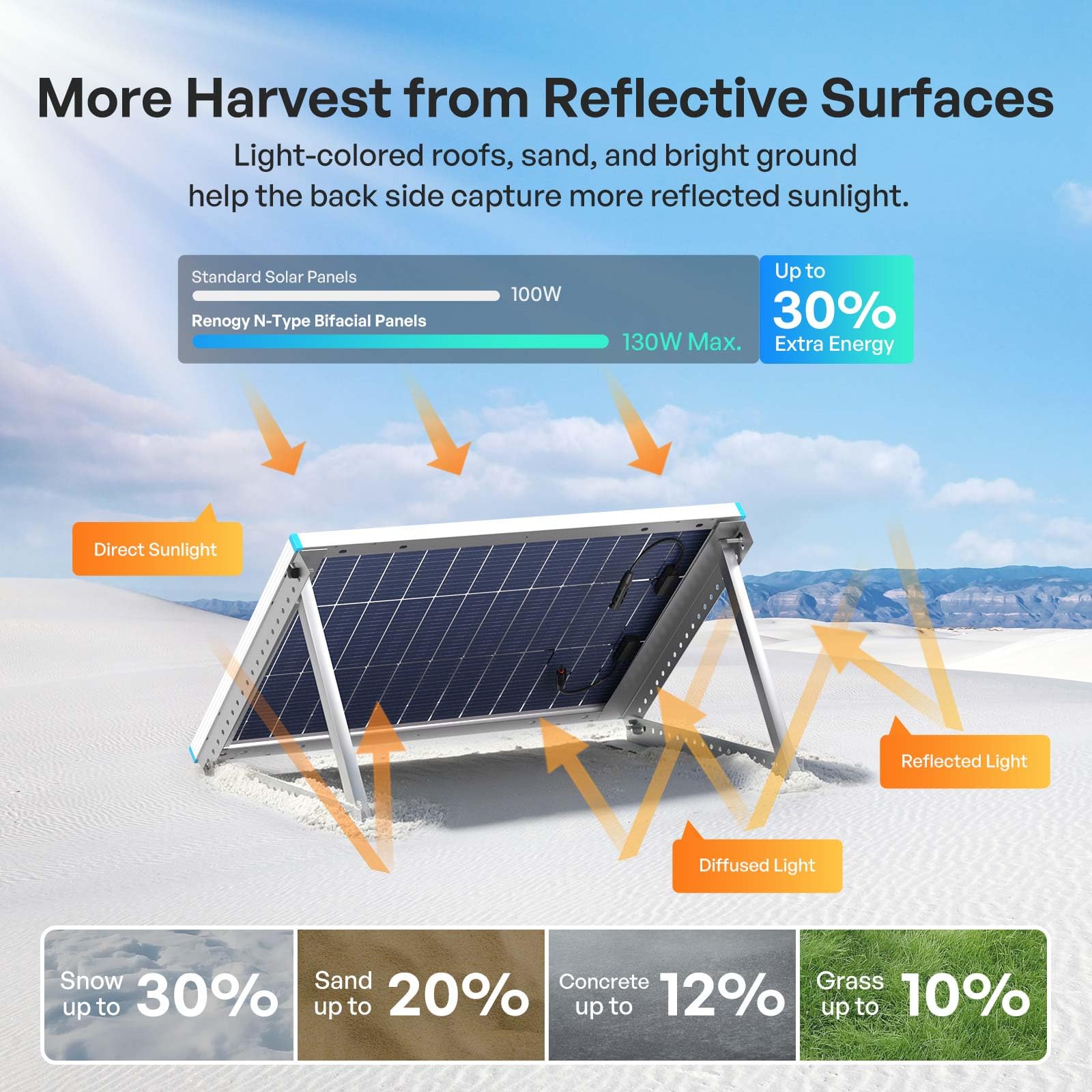 Renogy Pannello solare bifacciale da 100 W tipo N 16BB, pannello solare da 100 Watt con cella solare ad alta efficienza al 25%, modulo fotovoltaico su entrambi i lati per camper e altre applicazioni