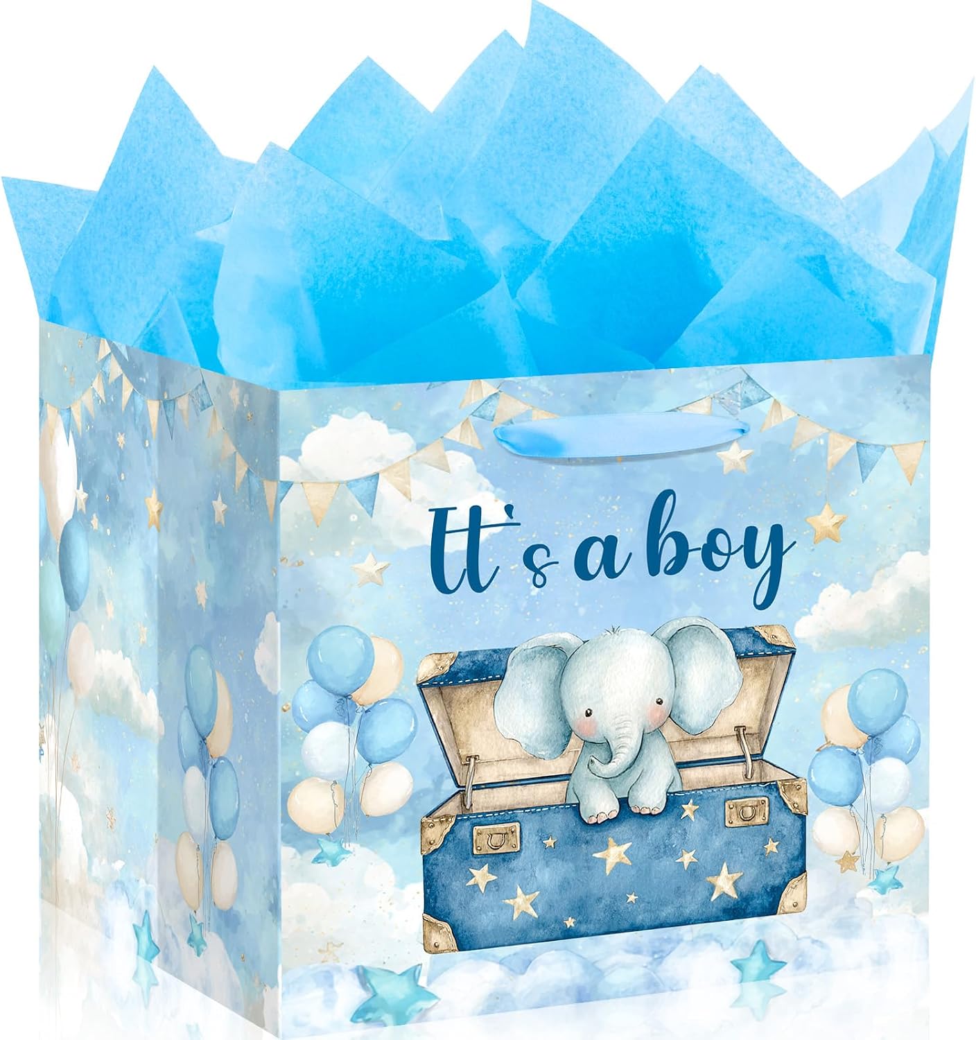 Extra Large Baby Boy Shower Gift Bag with Tissue Paper, It's A Boy Elephant Gift Wrap Bag for Baby Shower Party Supplies Blue