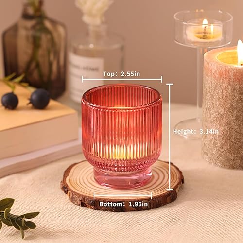 Miniatura 2 de Juego de 6 portavelas votivas rojas de 6 a 2.55 x 3 pulgadas, candelabros de cristal con elegante diseño acanalado, grandes soportes votivos para