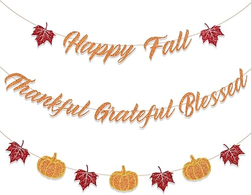 Decoración de otoño para el hogar, decoración de Acción de Gracias, pancarta con texto en inglés Happy Fall and Blessed Grateful Thankful