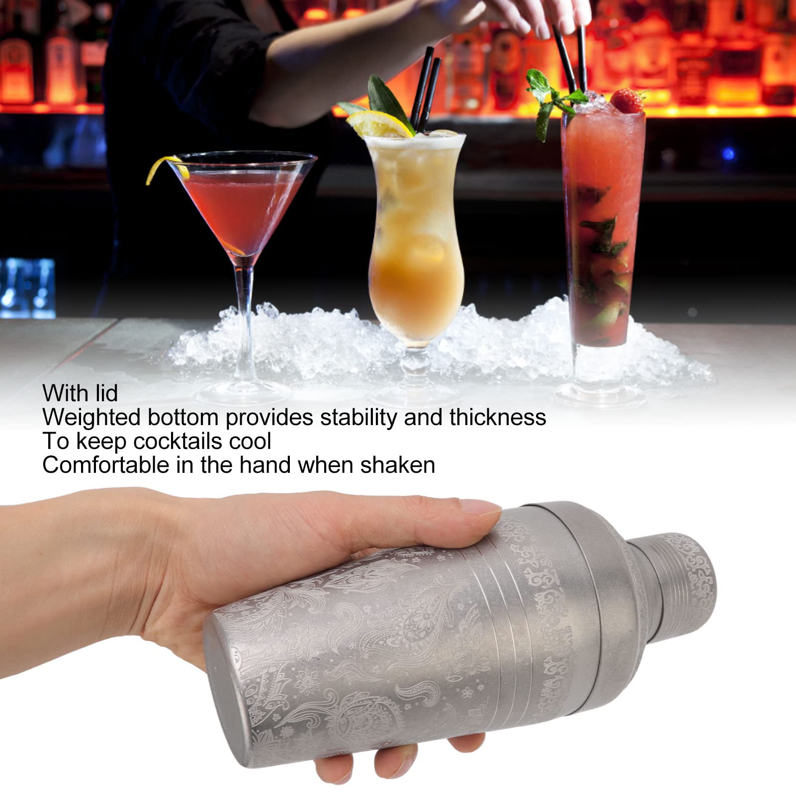 Coctelera, apta para lavavajillas, a prueba de óxido, mezclador de bebidas de camarero de acero inoxidable 304 para Bar (Grabado estilo japonés esmerilado)