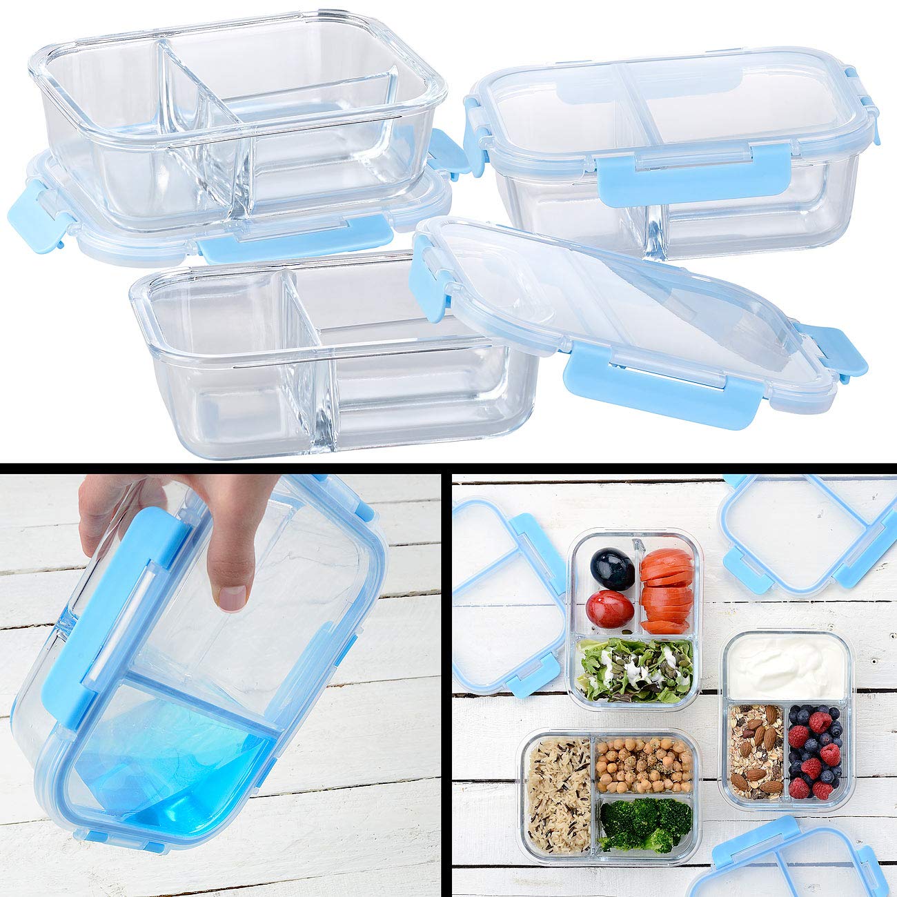 Rosenstein & Söhne Microwellen Geschirr: 6er-Set Glas-Frischhaltedosen mit Klick-Deckeln & 3 Kammern, 1 l (Glasschüssel mit Deckel Mikrowelle, Glasschüsseln mit Deckel-Set, Mikrowellenteller)