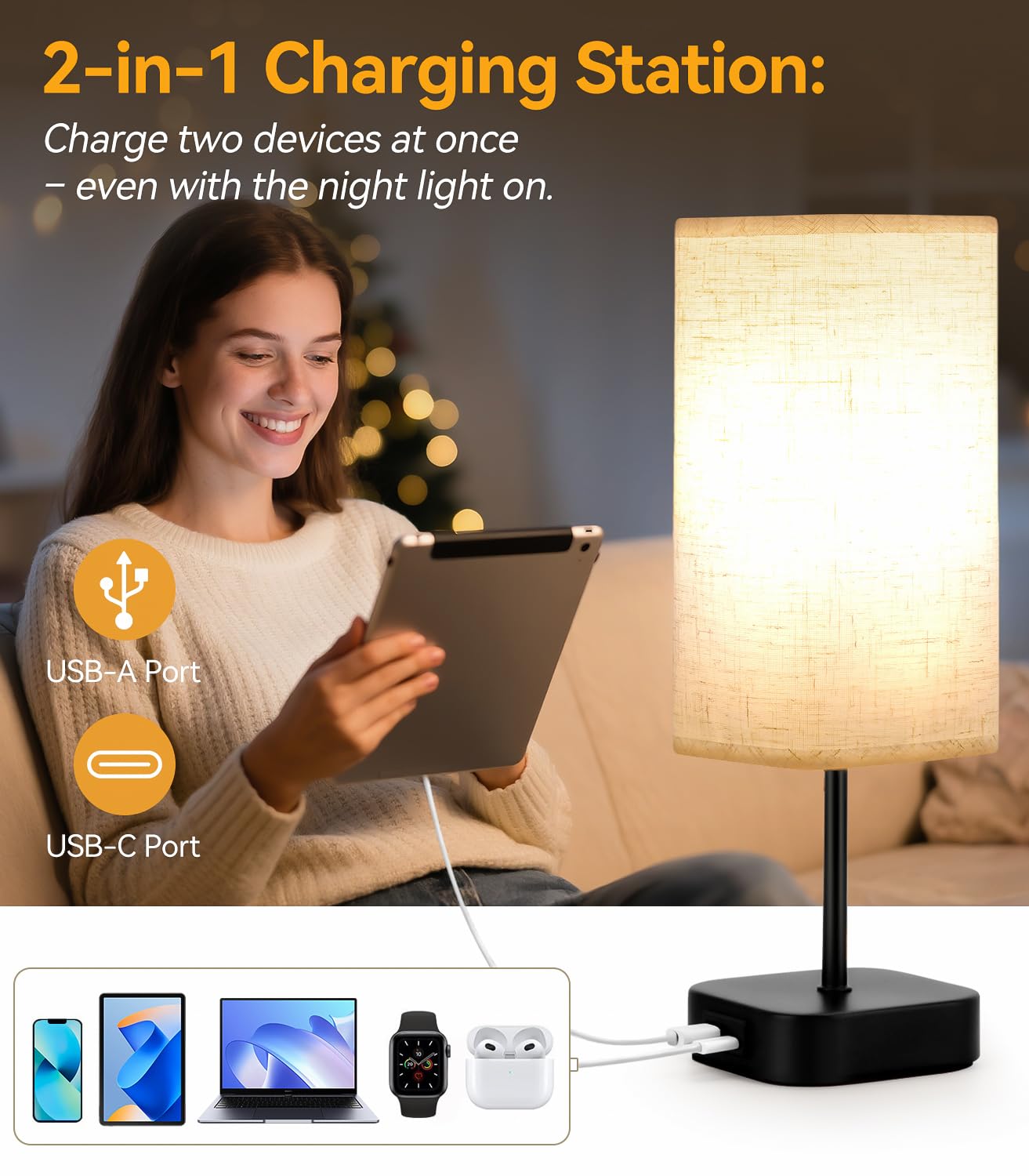 Table-Lamp-Bedside-Touch-Control-Dimmable-Charging-Rechargeable USB A+C Charger Ports 3-Way Dimmer Linen Fabric Shade Lamps LED Tables Lampe Reading Night Modern Lights Bedroom Living Bed Side Lounge - Image 4