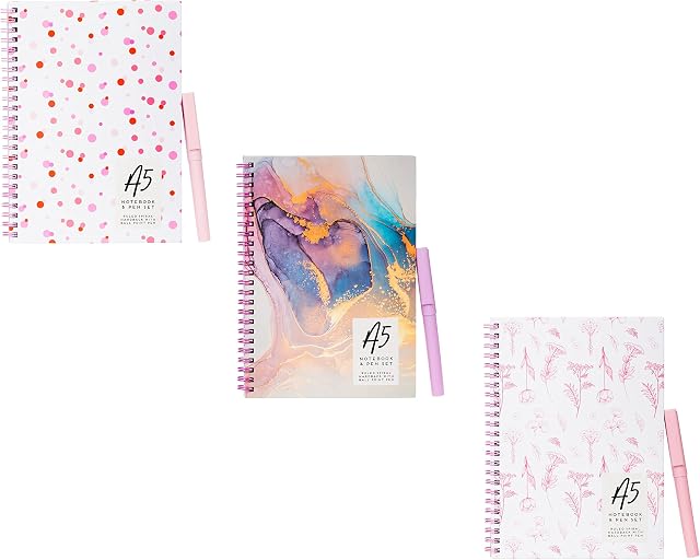 Invero Set of 3 Colourful Decorative A5 Size Wiro Hardback Notebook with Matching Ball Point Pen Set - 70gsm with 80 White Lined Pages - Ideal for Home Writing Notes, Offices, Kids, Shops and more