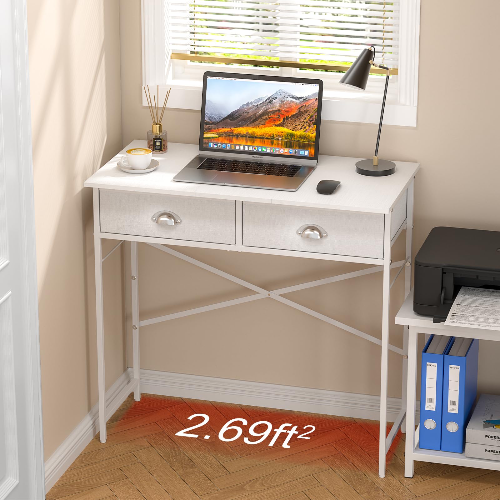 Small Writing Desk for Kids Bedroom, 31.5 Inch Small Computer Desk for Small Spaces, Simple Desk with 2 Fabric Drawers for Home Office, Dorm, Living Room, Home Study Table, White. & gold