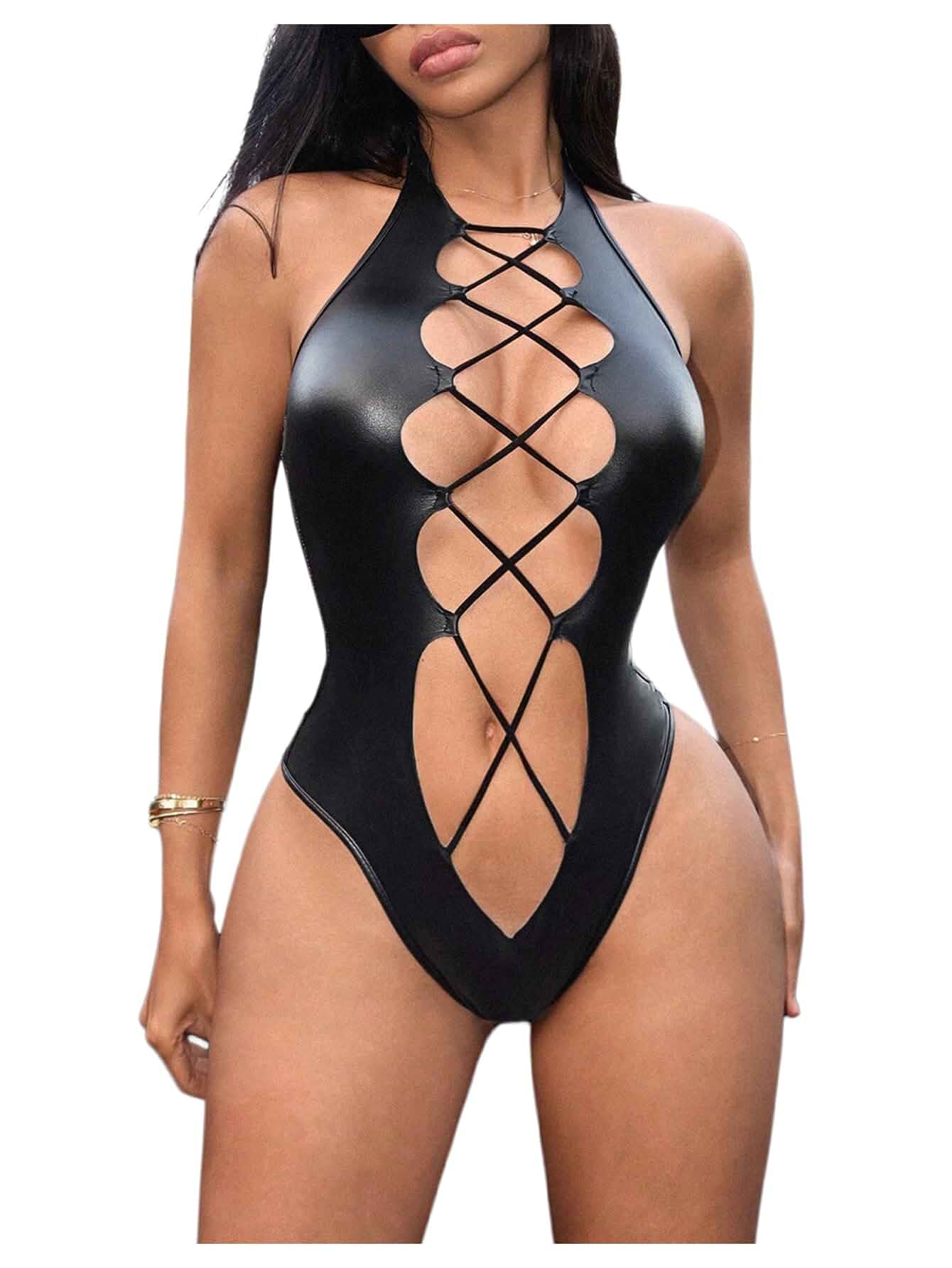 WDIRARA Women's PU Leather Halter Bodysuit Cut Out Lace Up Sleeveless Body Suit Sexy Clubwear Sleeveless
