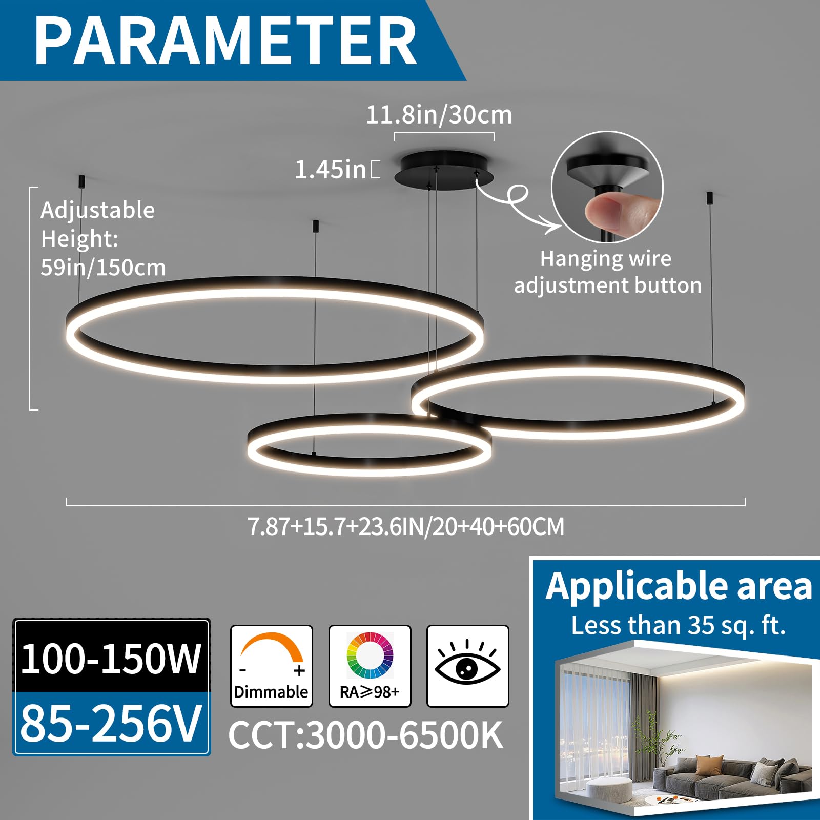 Mikeru 3 Ringe LED Pendelleuchte, 20+40+60cm Küchenlampe Hängeleuchte Modern Esszimmer Dimmbar 10% bis 100% 3000K/4500K/6000K Hängelampe LED Esstisch für Wohnzimmer, Küche