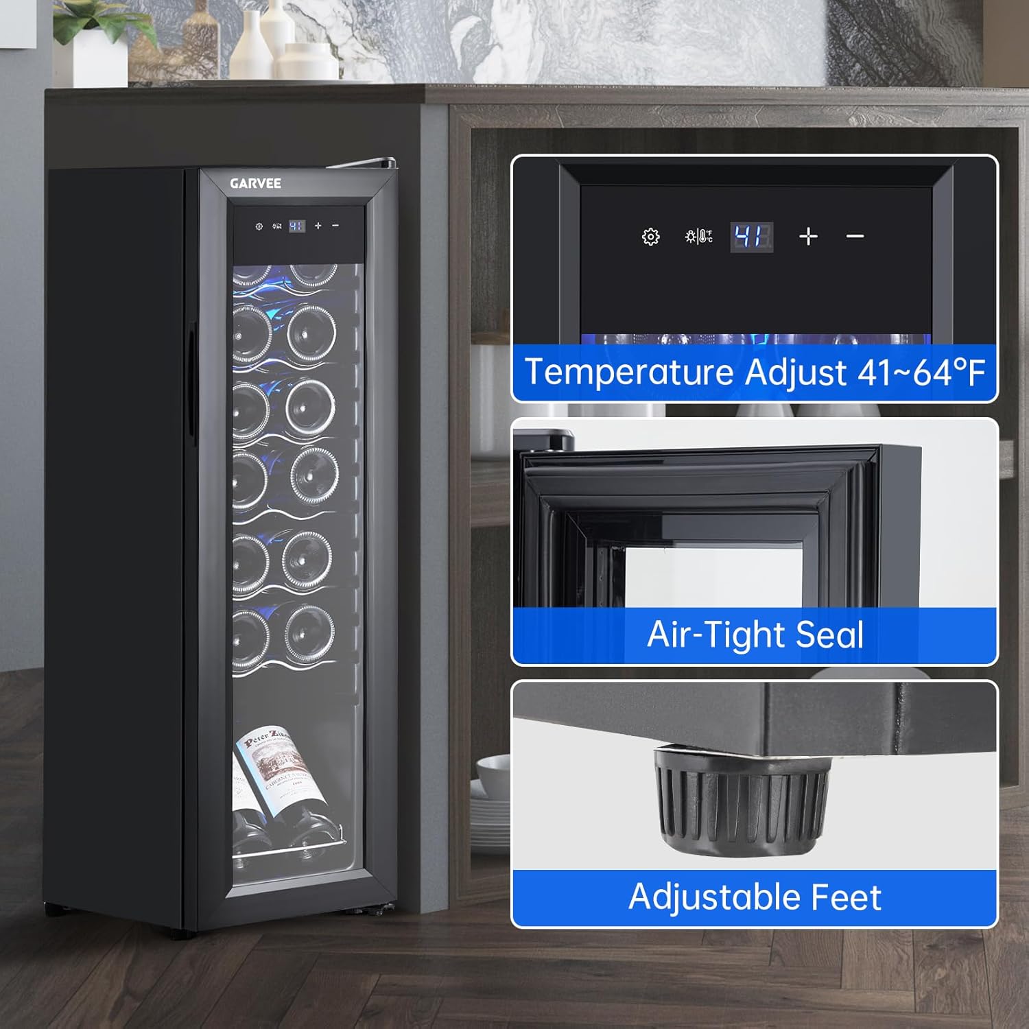 Garvee Mini Wine Fridge 14 Bottle, Wine Cooler Temperature Adjustment Range 40~61°F, Wine Fridge Small with Triple Pane Clear Glass Door, Wine Coolers for Home.