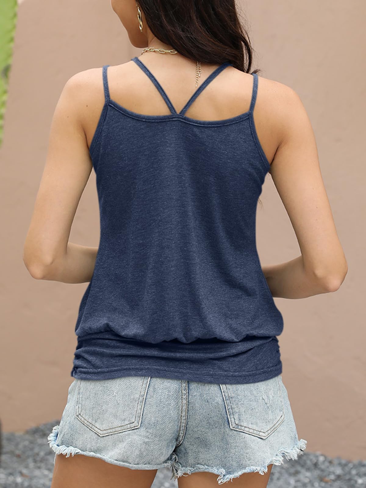 Micticsi Camiseta sin mangas sexy con tirantes delgados para mujer, parte inferior con bandas, cuello redondo, sin mangas, 2025