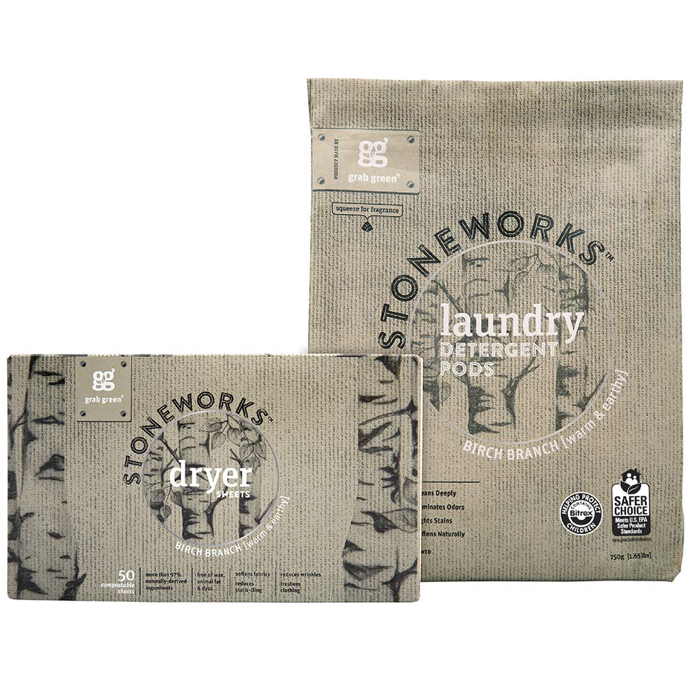 Grab Green Stoneworks Laundry Detergent Pods and Dryer Sheet Kit, Powered by Naturally-Derived Plant & Mineral-Based Ingredients, Birch Branch, 50 Loads
