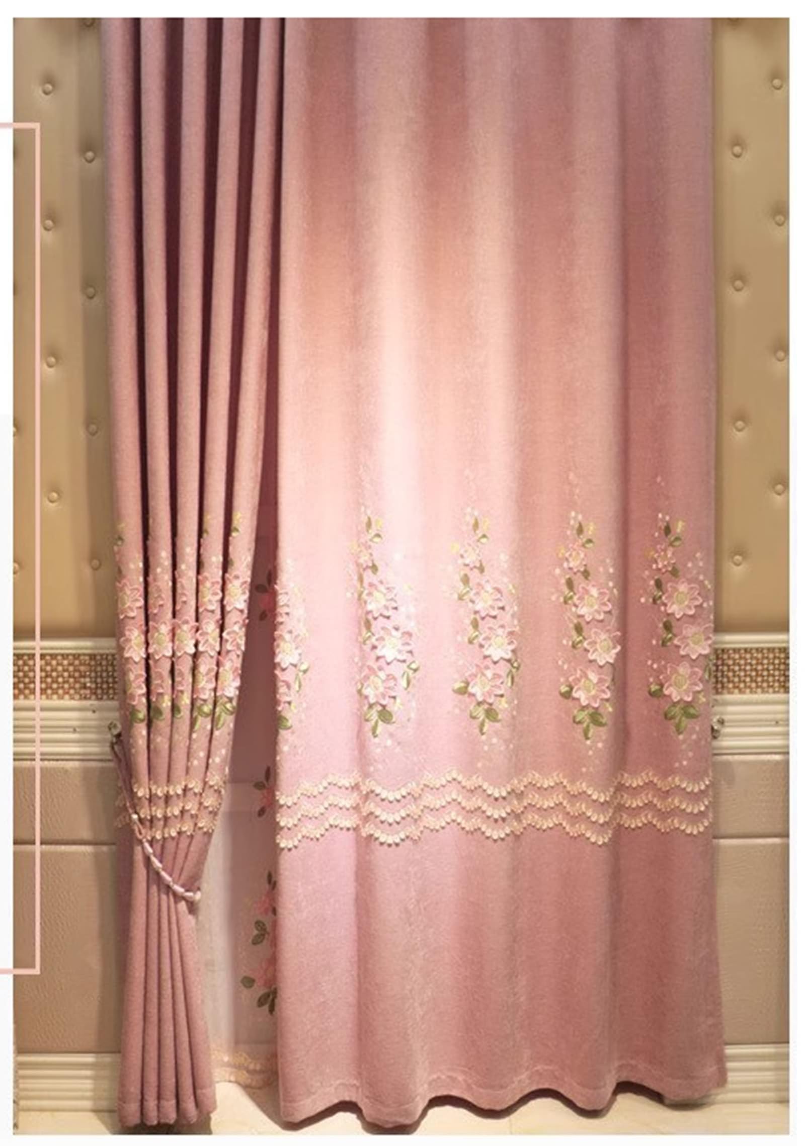 Beydodo Rideaux Occultant Salon, Rideau Chambre Decoratif 86x160 a Crochet, Rose avec Fleurs Et Feuilles Brodées Lot de 2, Chenille