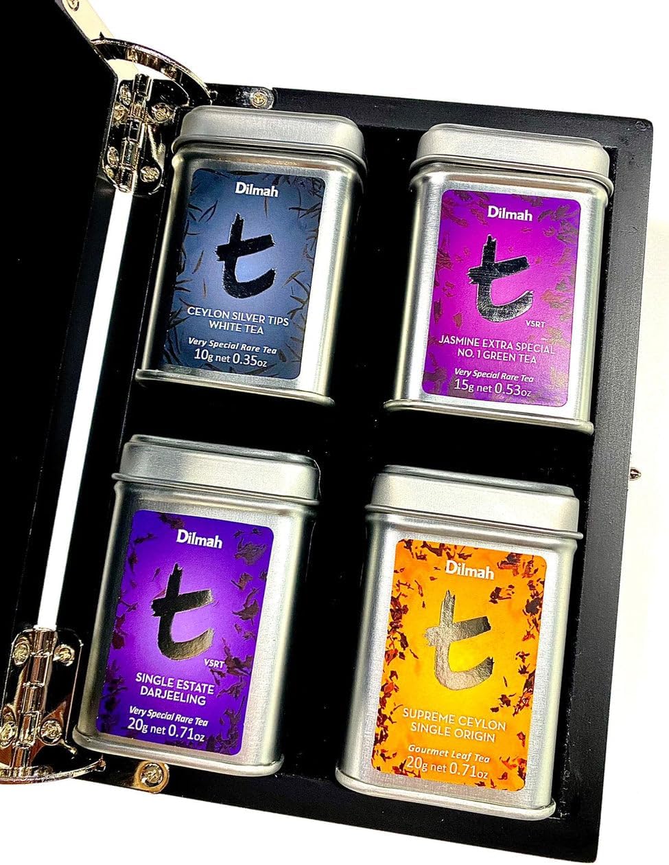 Dilmah T SERIES GIFT BOX 4 MINI TIN CADDY (SILVER TIPS, JASMINE EXTRA SPECIAL, DARJEELING, SUPREME CEYLON SINGLE ESTATE (LOOSE)) WOODEN
