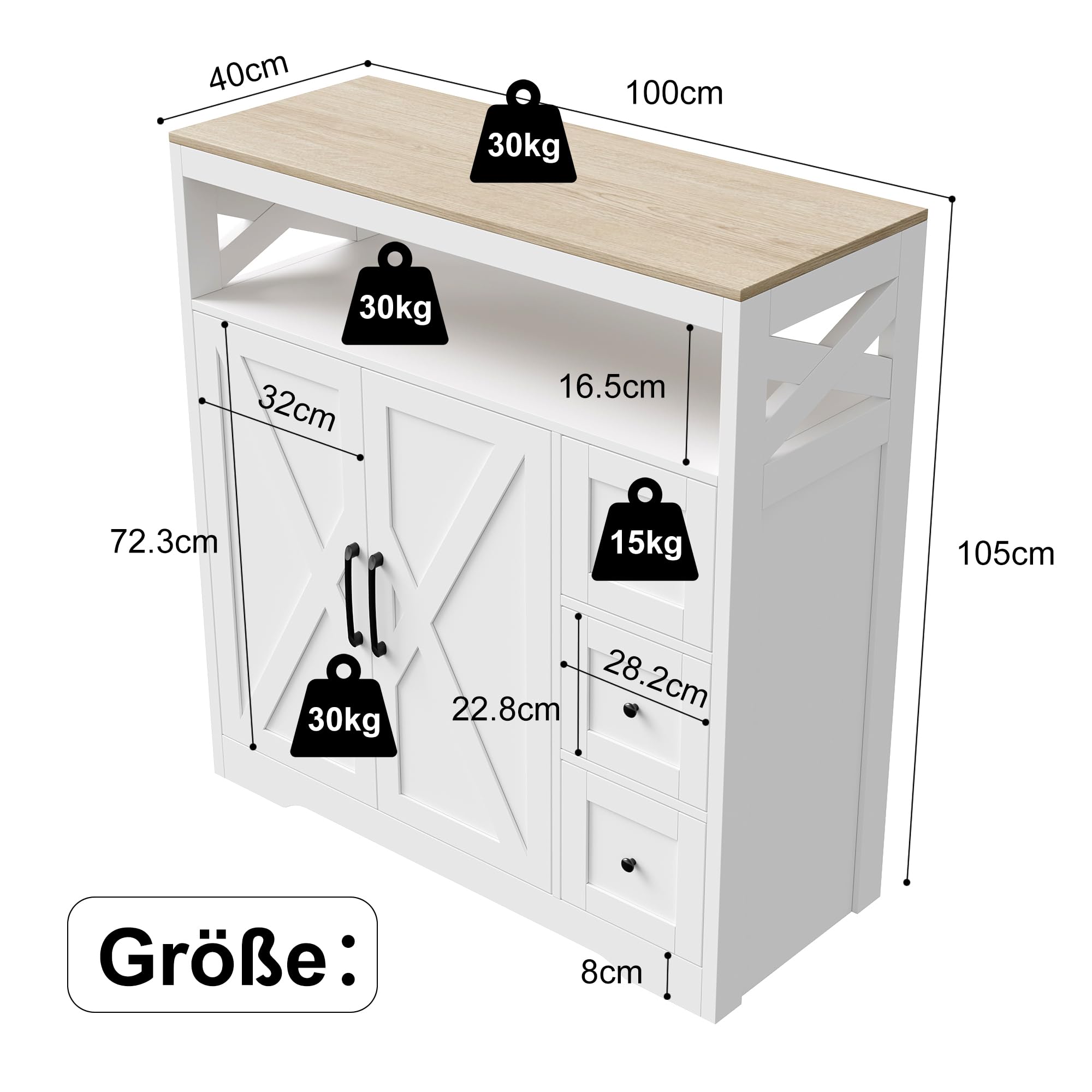 Aparador de cocina, mueble de almacenamiento con 4 puertas y estante ajustable, aparador moderno para comedor, armario de cocina para salón y comedor (100 x 40 x 105 cm)