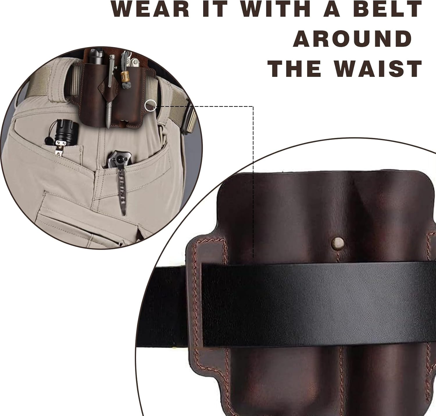 Leather Tool Pouch, Knife Holster Belt Pouches for Men, Leather EDC Pocket Organizer for Men EDC Leather Sheath with Pen Holder, Flashlight Sheath, Flashlight Sheath - Image 5