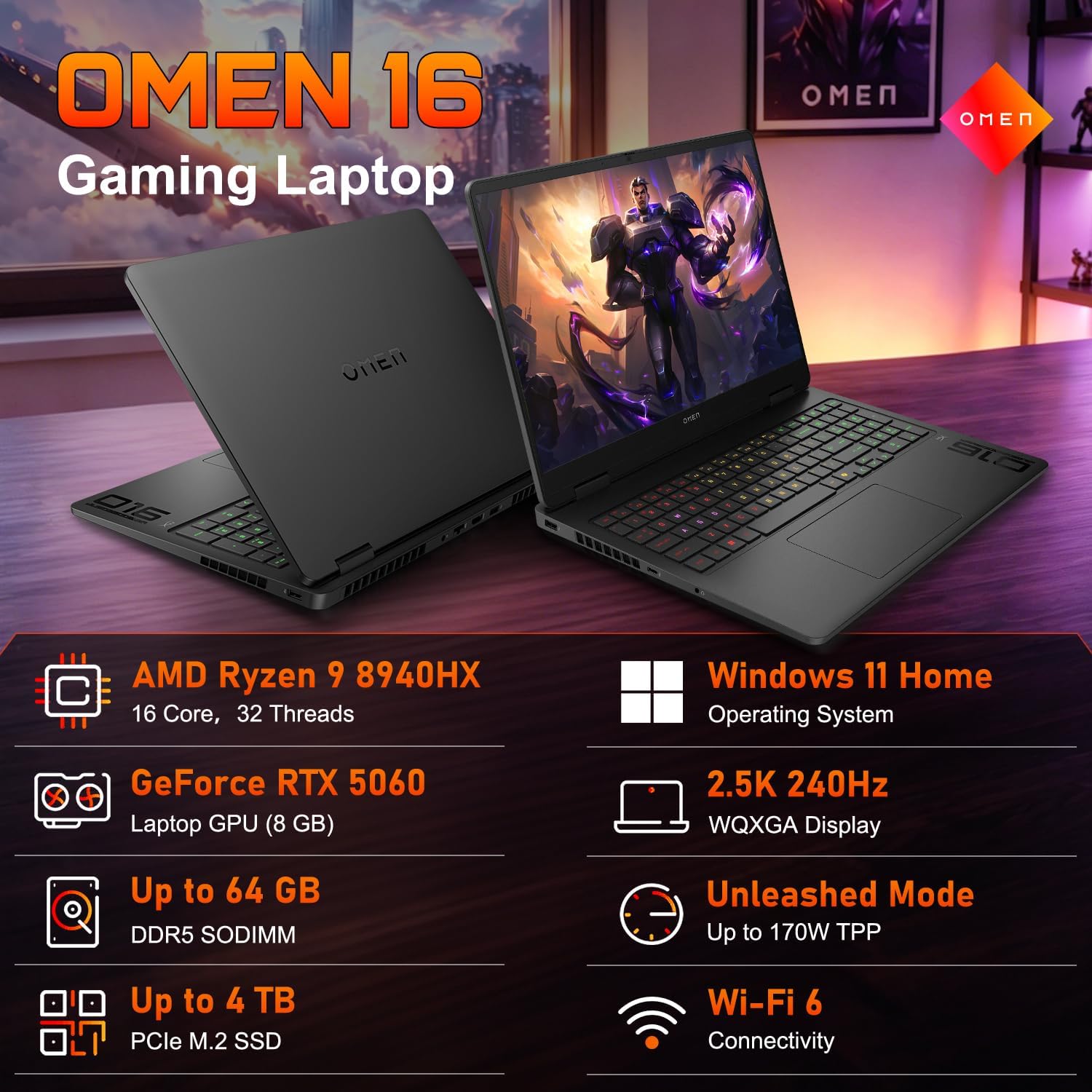 HP Omen 16" 240Hz Ryzen 9 8940HX & 5060 Gaming Laptop, 32GB DDR5 + 1TB SSD image 2