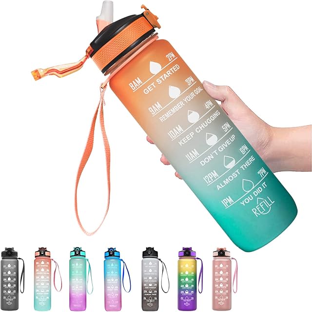 SAKERIN 1 Litre Water Bottle with Straw,Leak-proof Water Bottle with Time Marker & Safety Lock,BPA Free Gym Water Bottles Perfect for Fitness Gym Camping Cycling