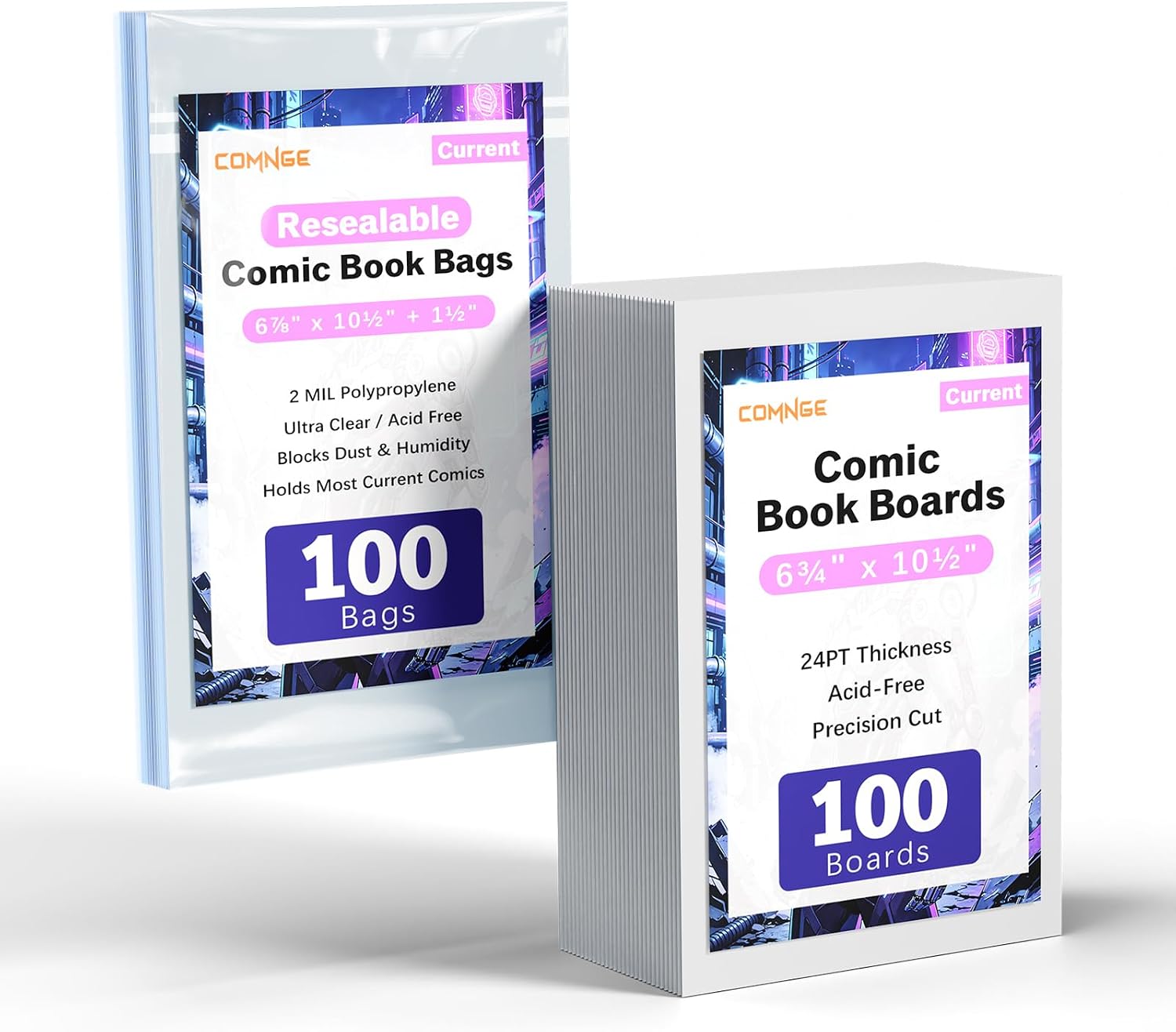 100-Pack Resealable Current Comic Book Bags and Boards - 2 MIL Clear Polypropylene Bags & 24PT Acid-Free Backing Boards, Archival Quality Storage, Protector and Display for Modern Age Comics