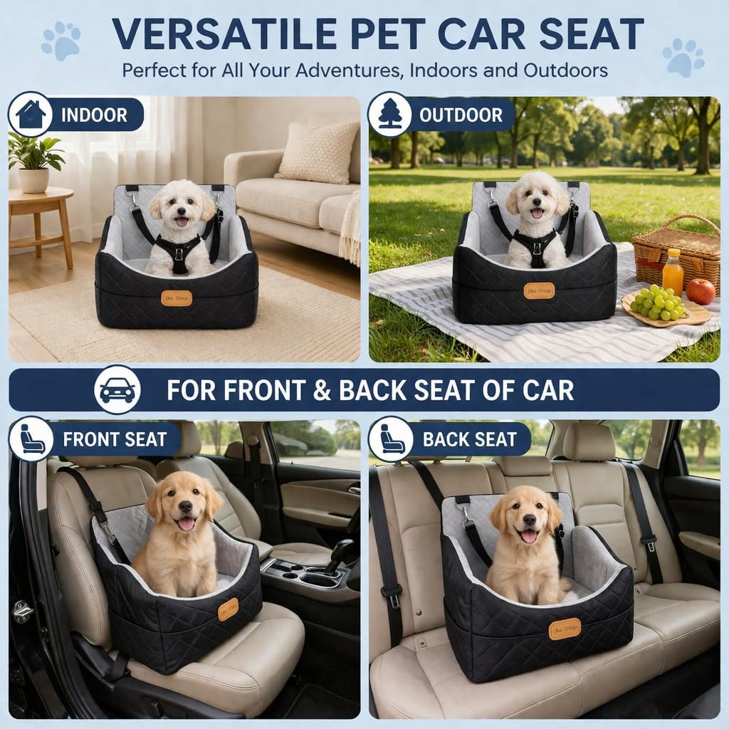 Dog Car Seat for Small-Medium Dogs Under 35 lbs, 5-inch Dog Booster Cushion Better View, Memory Foam Pet Booster Seat, Washable Car Bed, 2 Safety Belts, 1 Adjustable Strap, Side Pockets, Black Grey