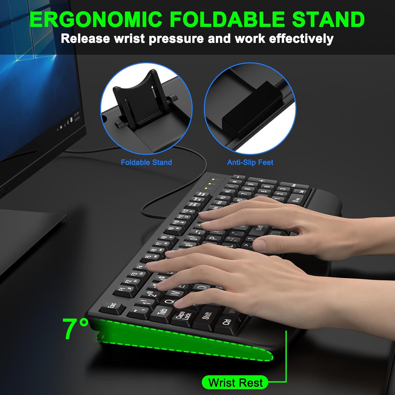 QUASIO Large Print Ergonomic Keyboard, Full Size Keyboard with Wrist Rest, Silent Wired USB Computer Keyboard Oversized Letter Keys 4X Larger Easy to See & Type for Laptop, PC, Windows, Desktop
